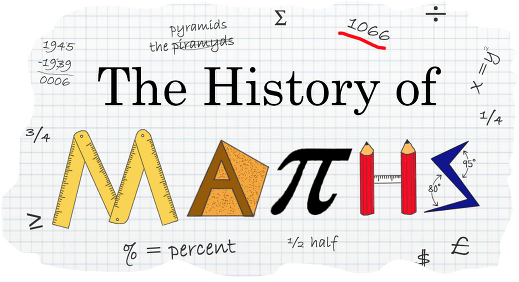 math calculations, symbols and tools forming the word 'The History of Maths'